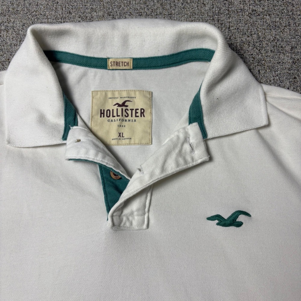 Hollister Polo Shirt Mens XL Stretch White Teal Logo Short Sleeve Pique